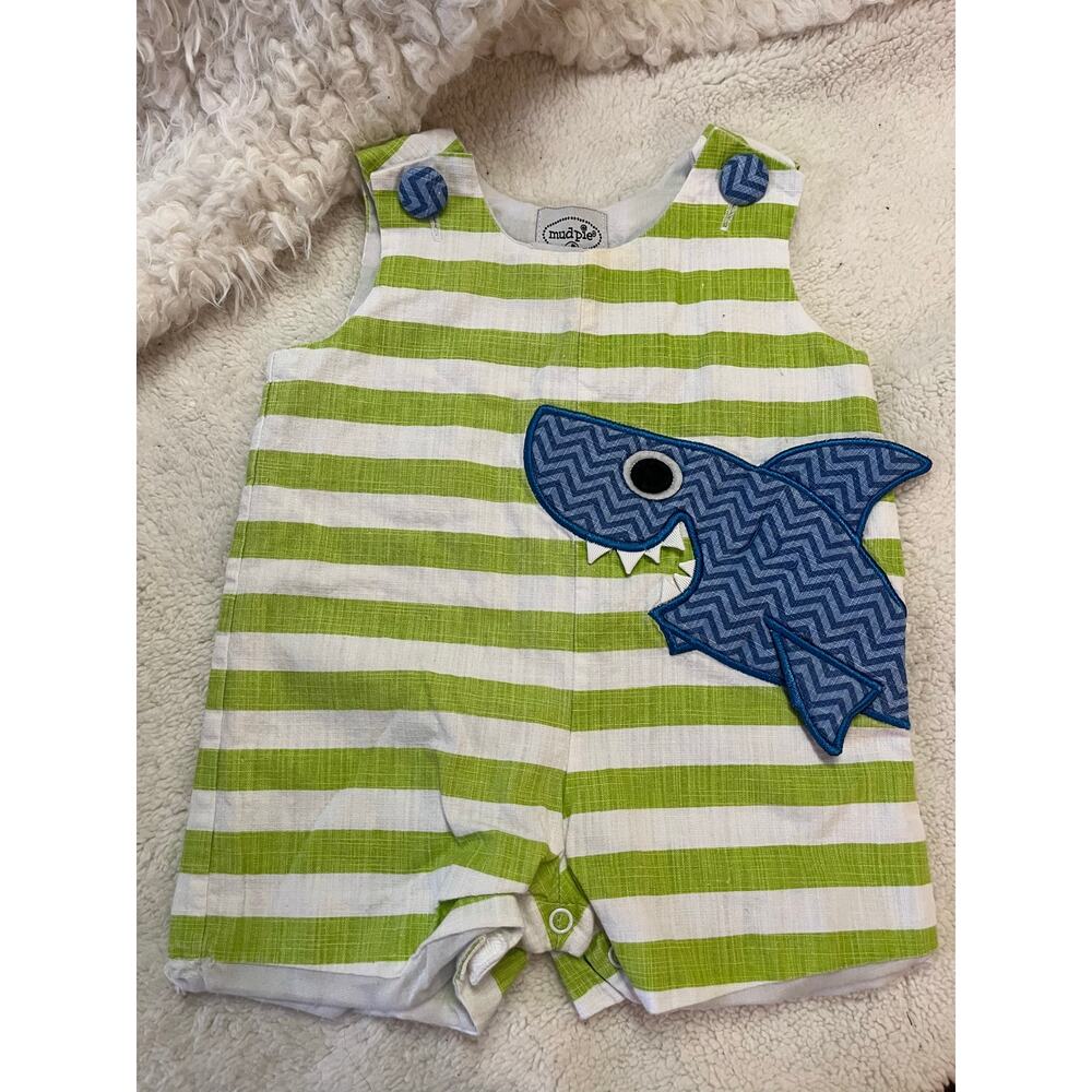 Mudpie Stiped Shark Romper 0-6 mo